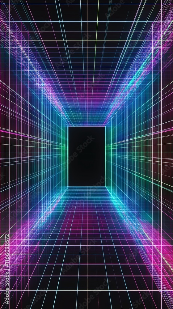 Fototapeta premium Abstract neon grid tunnel.