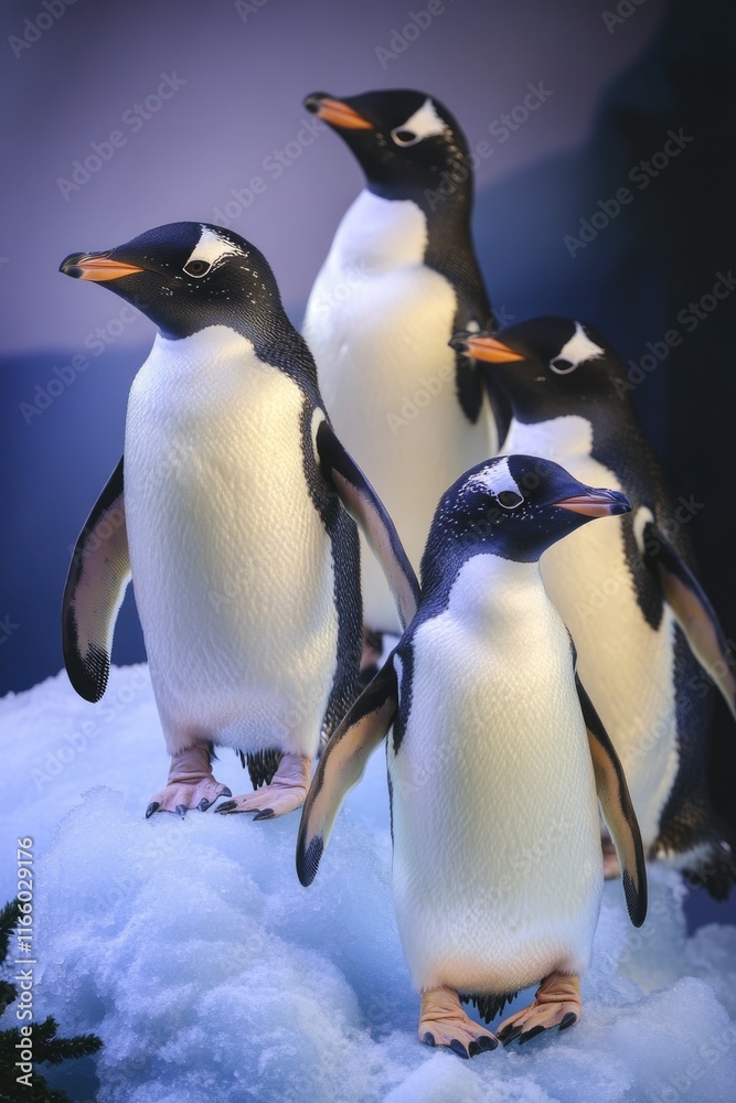 Fototapeta premium Group of penguins standing together on a snowy surface