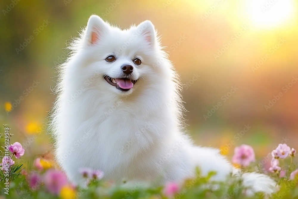 Happy white fluffy dog in a flower garden at sunset. Happy white fluffy dog in a flower garden at sunset.