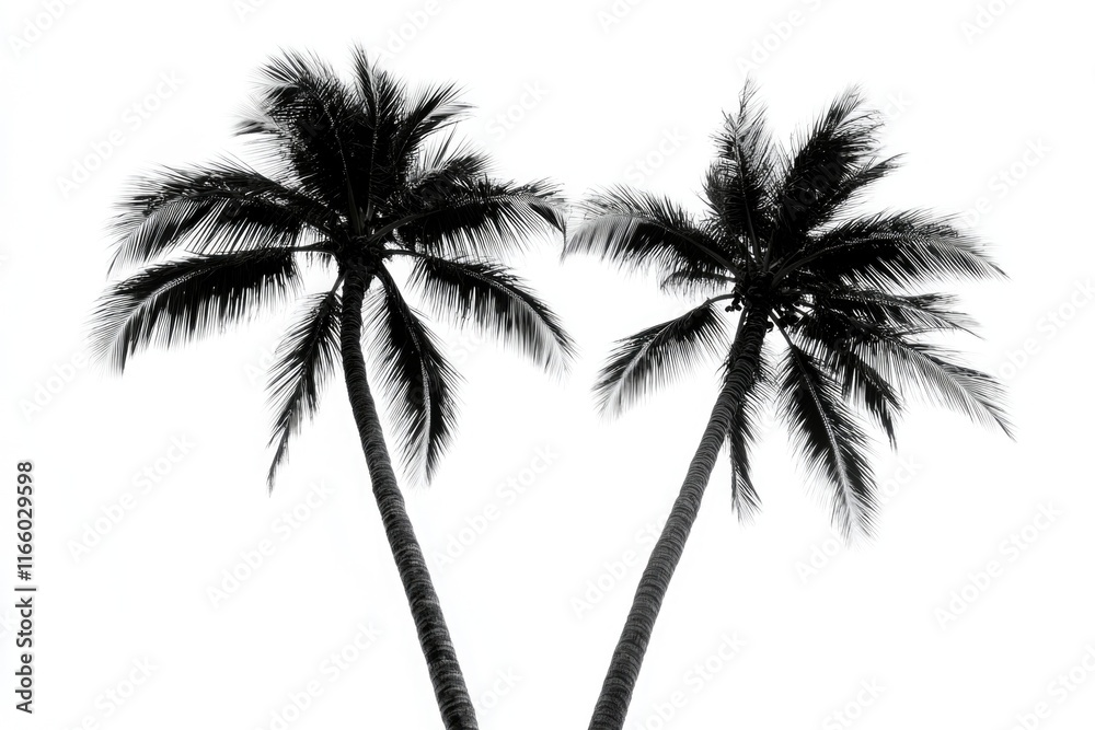 Two palm trees standing side by side, surrounded by greenery Two palm trees standing side by side, surrounded by greenery