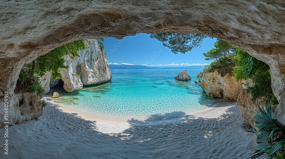 Fototapeta premium Secluded cove seen through cave opening.