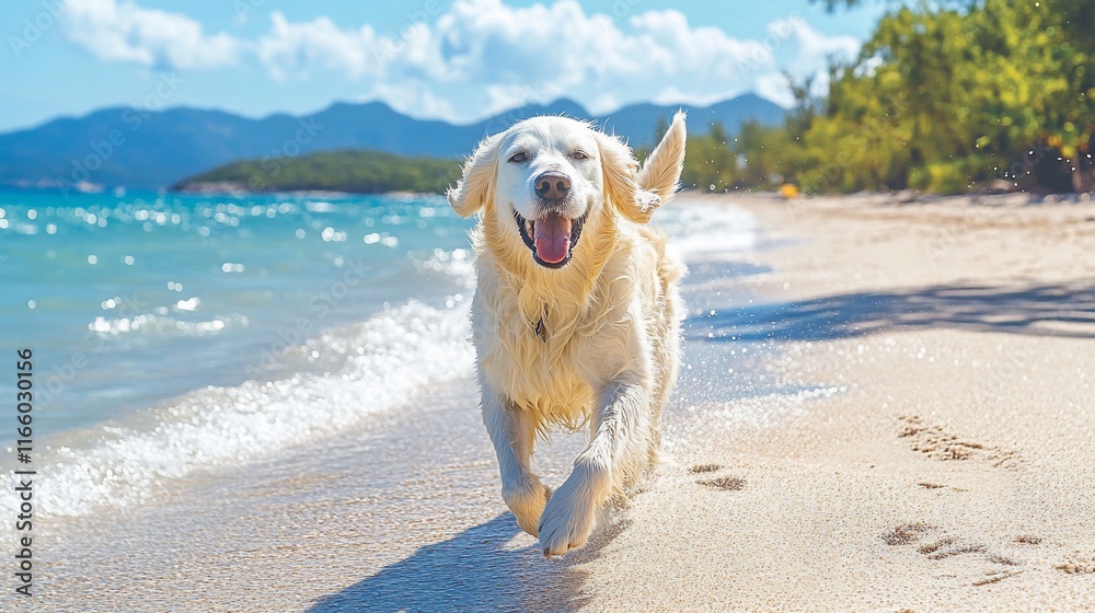 Happy dog runs on beach with ocean in background. Happy dog runs on beach with ocean in background.