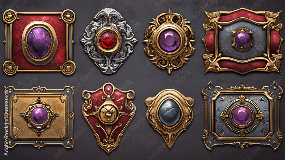 Fototapeta premium Game buttons with decorative frames in medieval style and purple gemstones. Vector cartoon set of empty gold, silver and red metal bars with fantasy border and gems