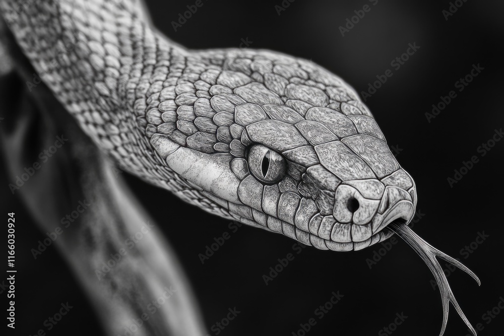 A close-up image of a snake in monochrome colors A close-up image of a snake in monochrome colors