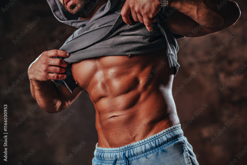 Fototapeta premium Strong man bodybuilder showing abdominal muscles
