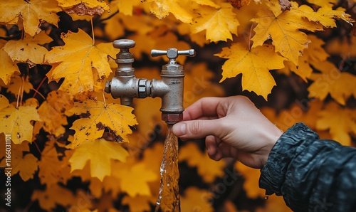 Hand turning outdoor faucet, water flowing, autumn leaves background.