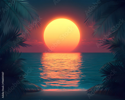 Stunning tropical sunset over calm ocean framed by palm leaves; vibrant colors, peaceful beach scene, ideal for travel, vacation, or summer themes. photo