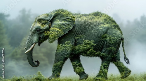 A solitary elephant roaming through a lush green meadow photo