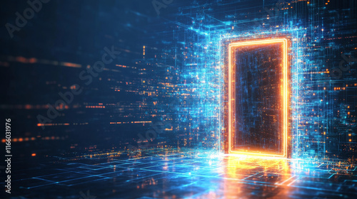 Open door on blue glitch background. Vector realistic illustration of neon lines on black backdrop with futuristic portal, computer system error, cyber security network, information technology tunnel