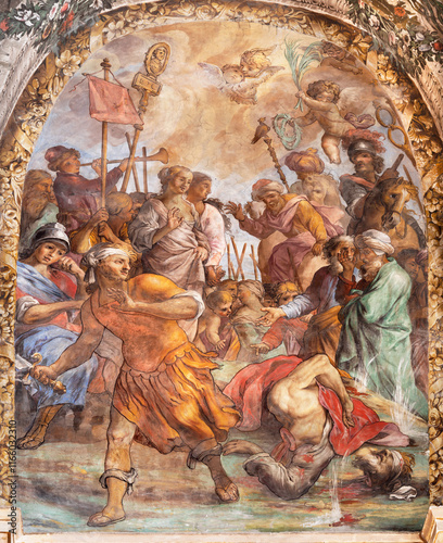 PERUGIA, ITALY - MAY 18, 2024: The baroque fresco of Decapitation of St. Paul the Apostle in the church Chiesa di San Ercolano by Giovanni Andrea Carlone (1675). photo