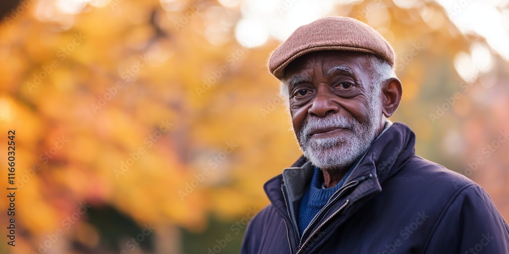 An elderly man in a classic cap and coat stands confidently, embracing the charm of his timeless age.