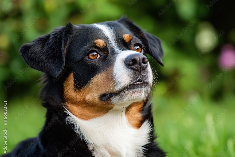 A beautiful dog sits attentively in a vibrant green garden, showcasing its charm. A beautiful dog sits attentively in a vibrant green garden, showcasing its charm.