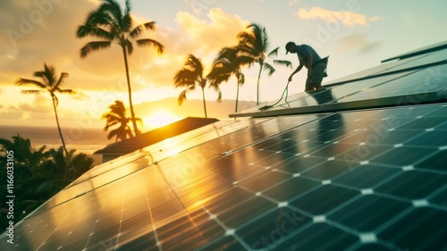 Solar Panel Installation at Sunset on a Tropical Rooftop With Palm Trees in the Background. Generative AI