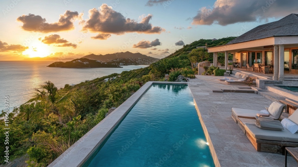 Fototapeta premium A breathtaking beachfront villa with a pool overlooking the ocean at sunset.