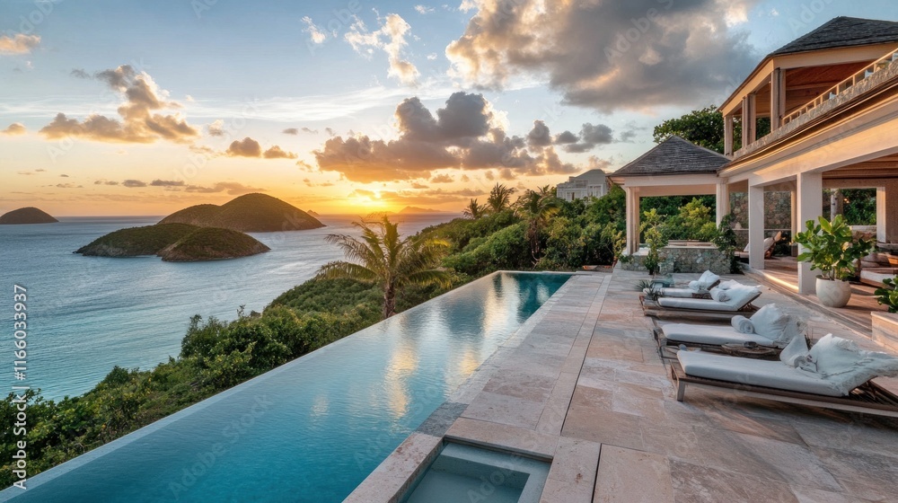 Fototapeta premium A breathtaking beachfront villa with a pool overlooking the ocean at sunset. 