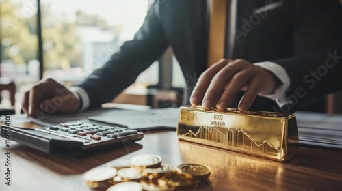 A businessman analyzing financial data with a gold bar and calculator on his desk.