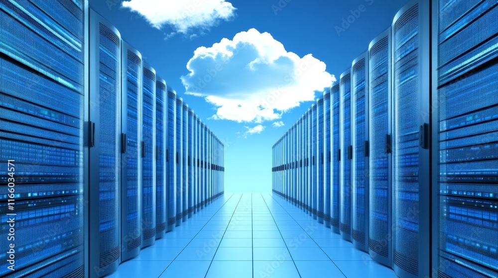 Modern Server Room with Blue Lighting and Clouds Modern Server Room with Blue Lighting and Clouds