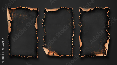 Burn edge paper hole corner vector effect set on transparent background. Isolated realistic fire and ash texture border for burnt page. Scorched flammable template illustration for mockup.