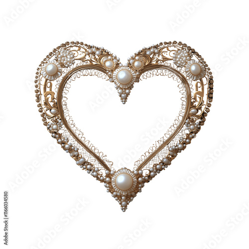 A gold heart shaped frame adorned with fine lace like patterns and pearls embedded into the design photo