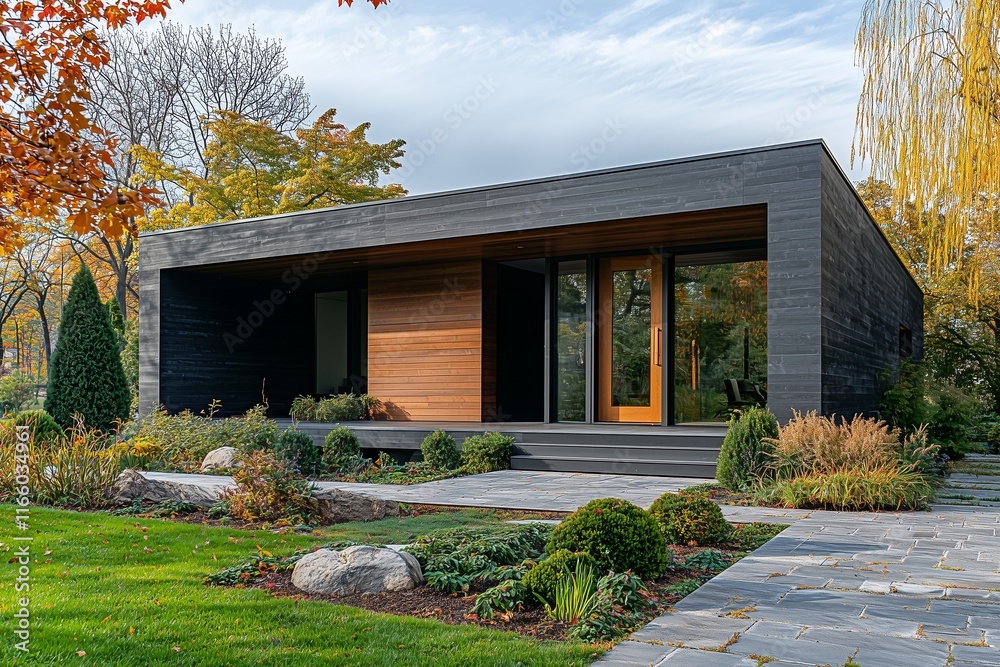 A contemporary suburban home with a large, pivoting front door, creating a dramatic first impression while reflecting the modern interior design.
