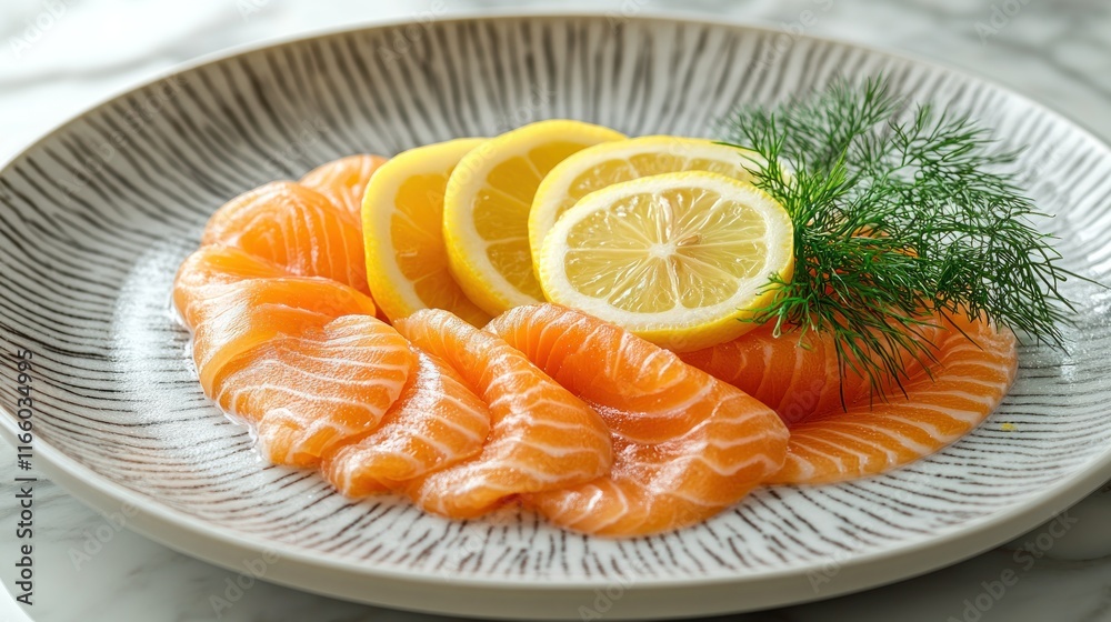 Smoked salmon slices with lemon and dill on a plate. Smoked salmon slices with lemon and dill on a plate.