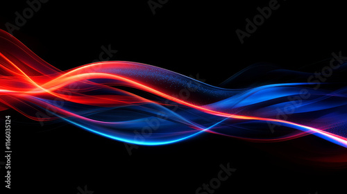 Long exposure or speed motion effect vector set. Red and blue abstract glow flash light fast line. Neon trail sparkle illumination on black background. Night car traffic shiny gradient illustration.