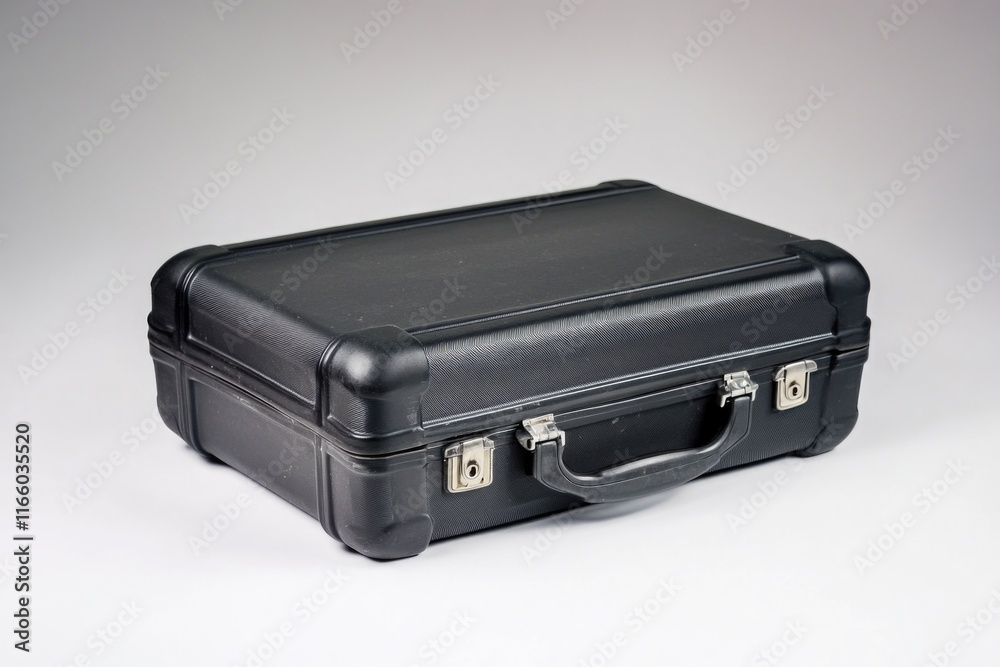 A lone black suitcase sitting on a clean white surface, ideal for use in interior design or travel themes A lone black suitcase sitting on a clean white surface, ideal for use in interior design or travel themes