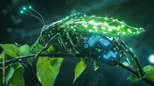 Biomechanical insect on plant, glowing green. photo