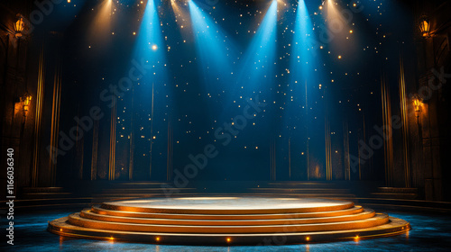 Golden Stage with Blue Accents Under Celestial Night Sky - Ready for Performance or Night Show photo