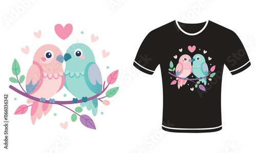 Adorable Lovebirds Valentine's Day T-Shirt – High-Quality Flat Vector Design