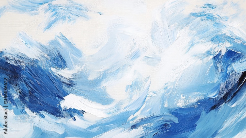 Obraz premium Abstract landscape, oil painting, swirling blues and whites, mountainous terrain, glacial peaks, dynamic brushstrokes, atmospheric, ethereal, cool color palette, textured canvas, impressionistic style