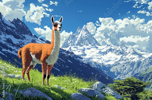 A guanaco stands on grassy ground with mountains behind, framed by clouds and sunlight creating a scenic wilderness shot.