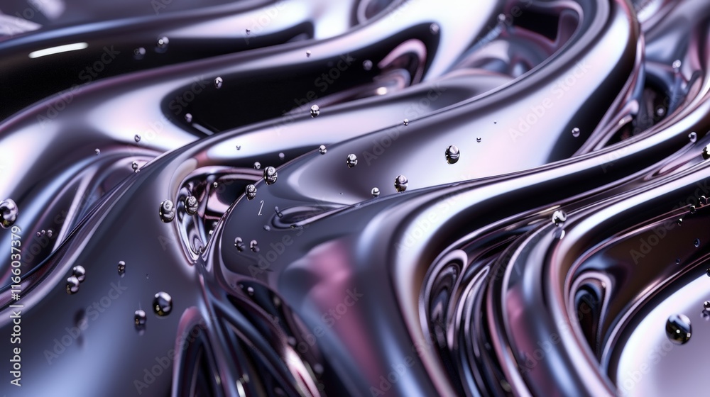 Metallic purple liquid surface reflecting light with floating spheres, creating an abstract and modern wallpaper design Metallic purple liquid surface reflecting light with floating spheres, creating an abstract and modern wallpaper design