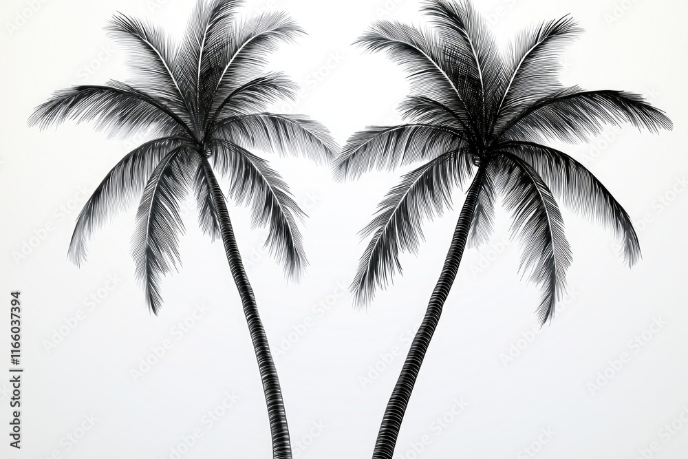 Two palm trees standing tall on a sunny beach with calm waters Two palm trees standing tall on a sunny beach with calm waters