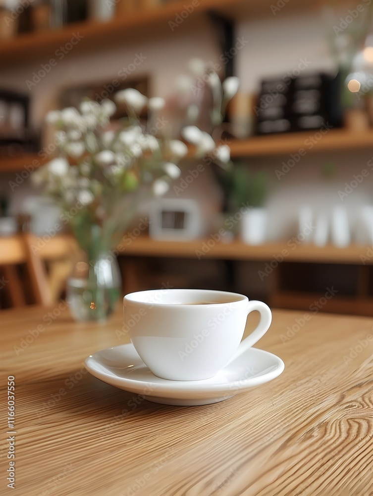 White Coffee Cup in a Rustic Café Setting