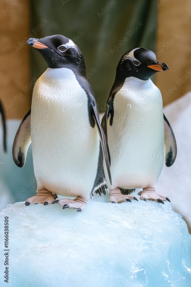 Obraz premium Two penguins standing at the top of an iceberg, enjoying the view