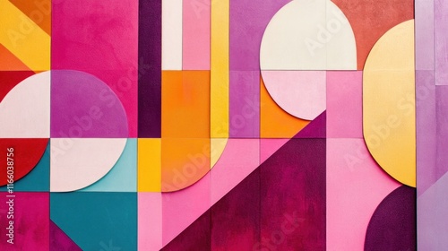 A vibrant abstract mural featuring geometric shapes and bold colors.