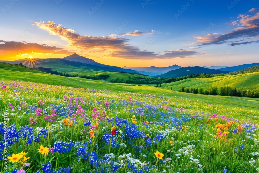 Fototapeta premium A serene sunrise over a meadow during the vernal equinox. Generative AI