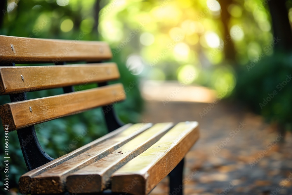 Fototapeta premium Empty wooden bench in a sunny park.