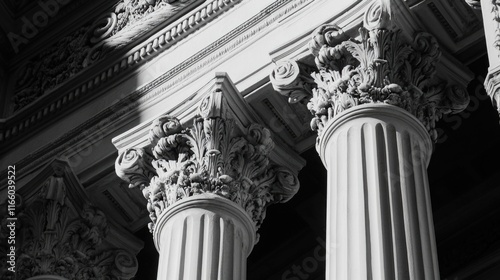 A historic building with ornate columns in monochrome tones photo