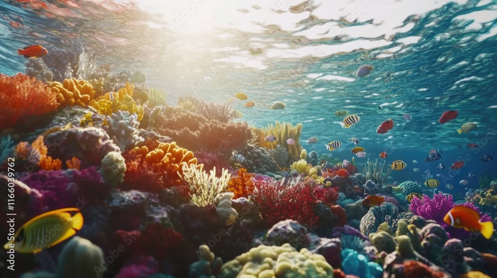 Naklejka premium Scenic underwater shot of a vibrant coral reef teeming with colorful fish
