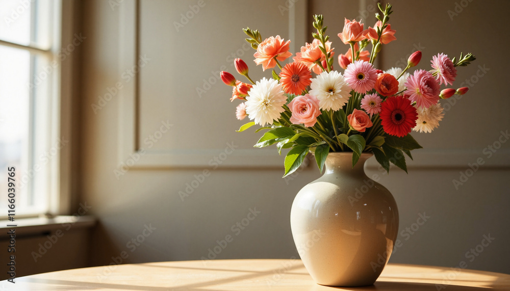 Vase with colorful spring flowers on wooden table in sunlight Vase with colorful spring flowers on wooden table in sunlight