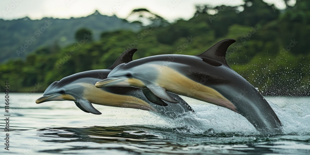 Fototapeta premium Two dolphins leaping from the ocean surface, a moment of playfulness and freedom