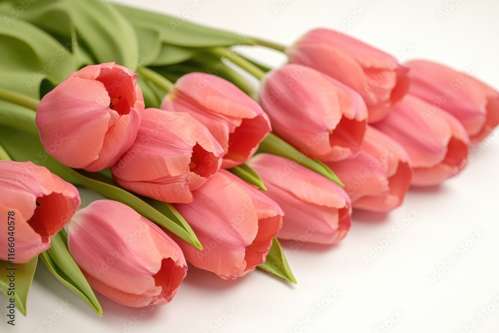 Pink tulips arranged on a clean white surface Pink tulips arranged on a clean white surface