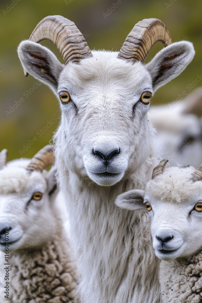 A group of sheep standing together, grazing in a field A group of sheep standing together, grazing in a field