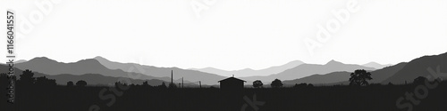 Black and white mountain landscape texture featuring a silhouette of a house and trees against a mountainous backdrop.