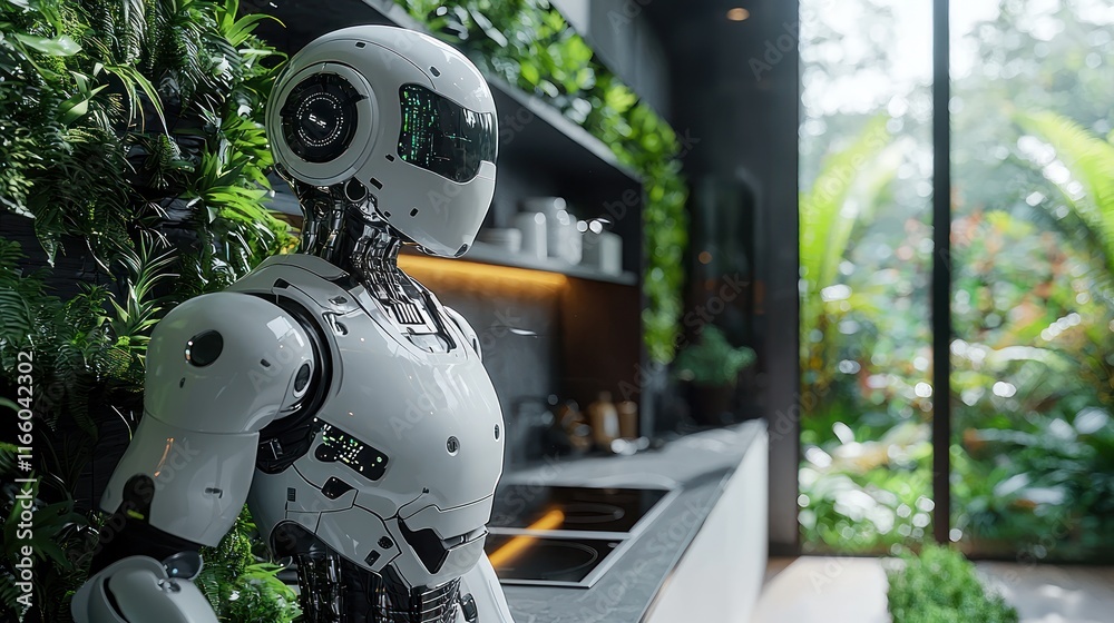 Fototapeta premium Futuristic robot in a modern kitchen with greenery.