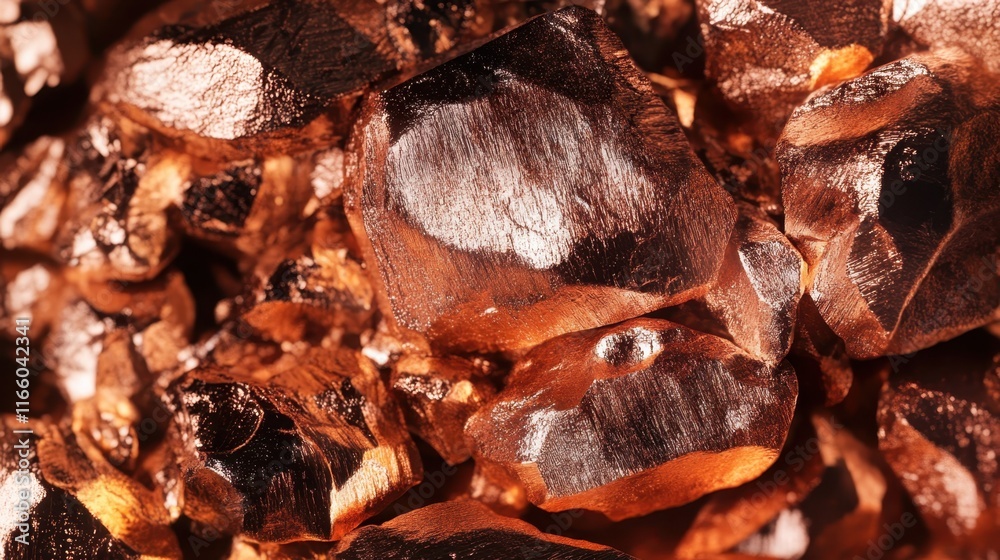 Macro photograph, polished copper nuggets, metallic sheen, rich reddish-brown color, smooth rounded shapes, heap of copper pieces, industrial raw material, warm tones, reflective surfaces, closeup tex