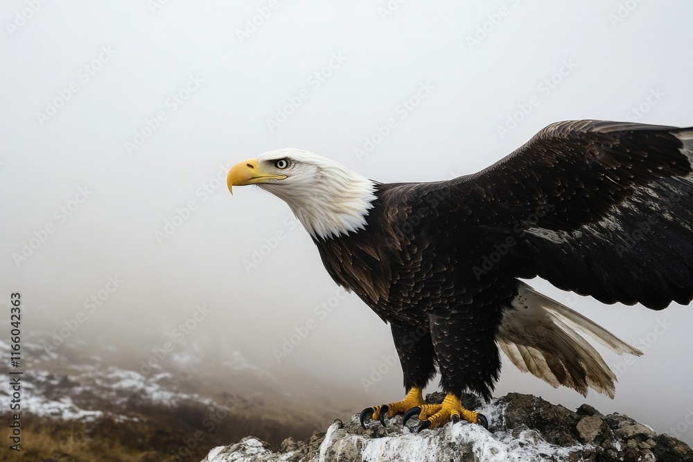 A majestic bald eagle perches atop a rugged rock, gazing out at its surroundings A majestic bald eagle perches atop a rugged rock, gazing out at its surroundings