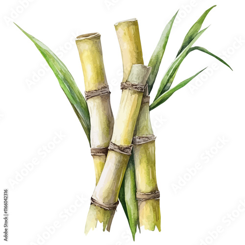 A watercolor vector painting of a sugarcane, isolated on a white background. Sugarcane vector.

